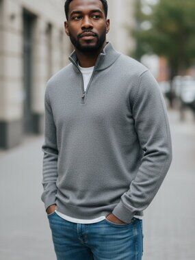 Roundtree & Yorke Men's Sweater grey Pullover Knit 1/4 Zip Mock Neck size XL